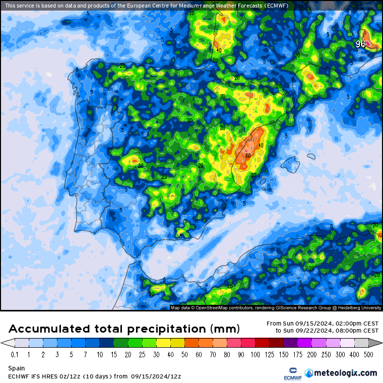 Estimación total de precipitaciones modelo ECMWF para la Península Ibérica.