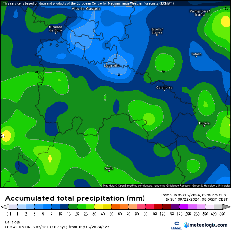 Estimación de precipitaciones totales entre el 16 y el 22 de Septiembre´24. Multimodelo