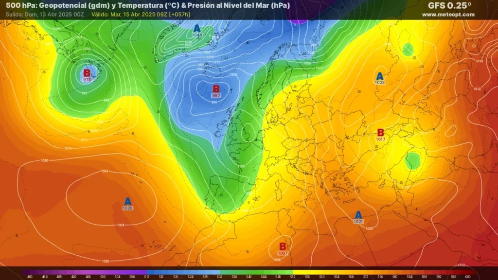 Mapa meteorológico mostrando geopotencial, temperatura y presión en la Península Ibérica para el 15 de abril de 2025, con líneas de contorno y sistemas de alta y baja presión.
