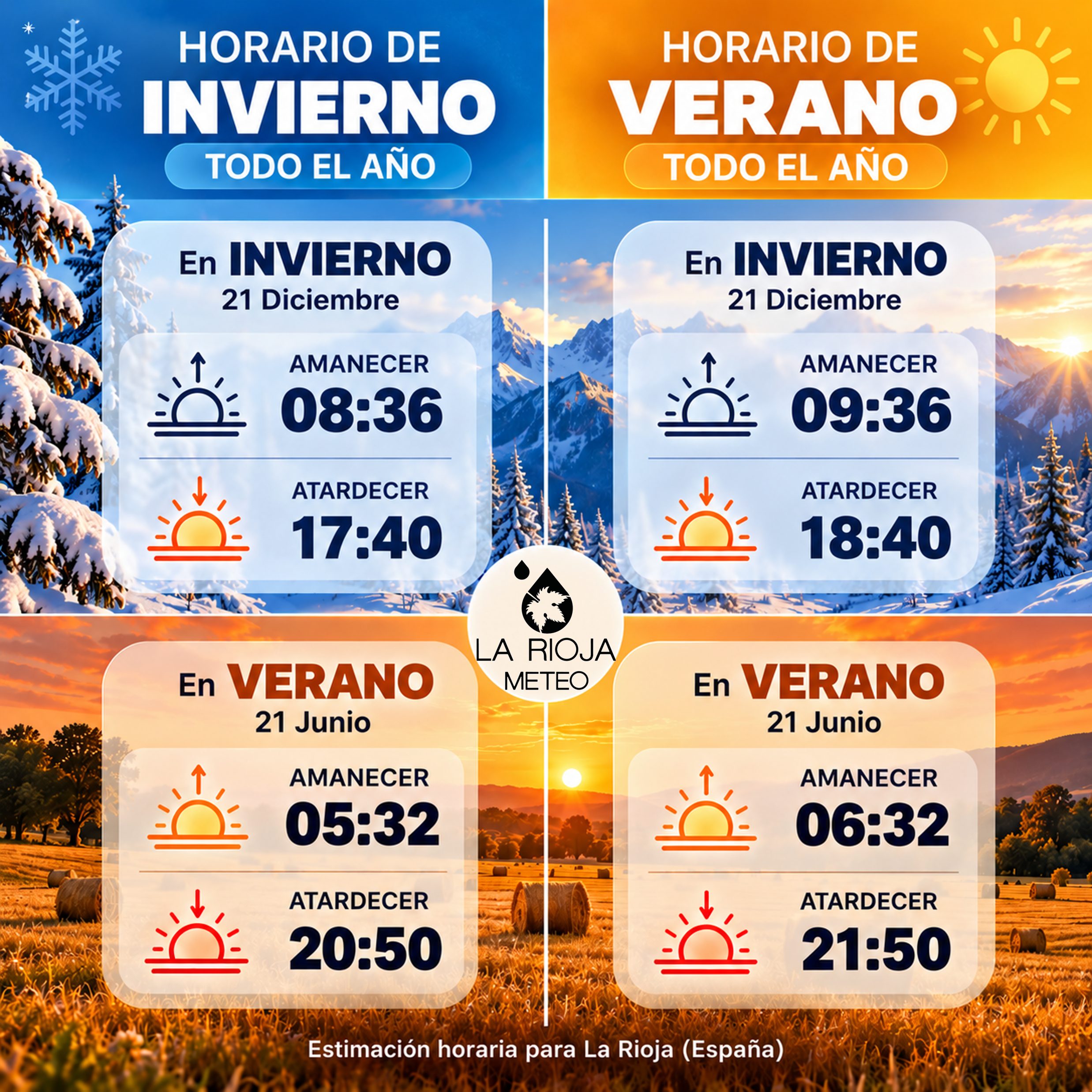 Comparativa del horario de invierno y verano en La Rioja con horas de amanecer y atardecer