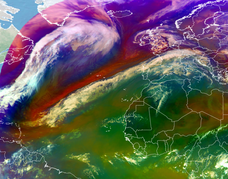 Frente frío: extensión de récord, con más de 6000 km, desde Europa hasta el Caribe.