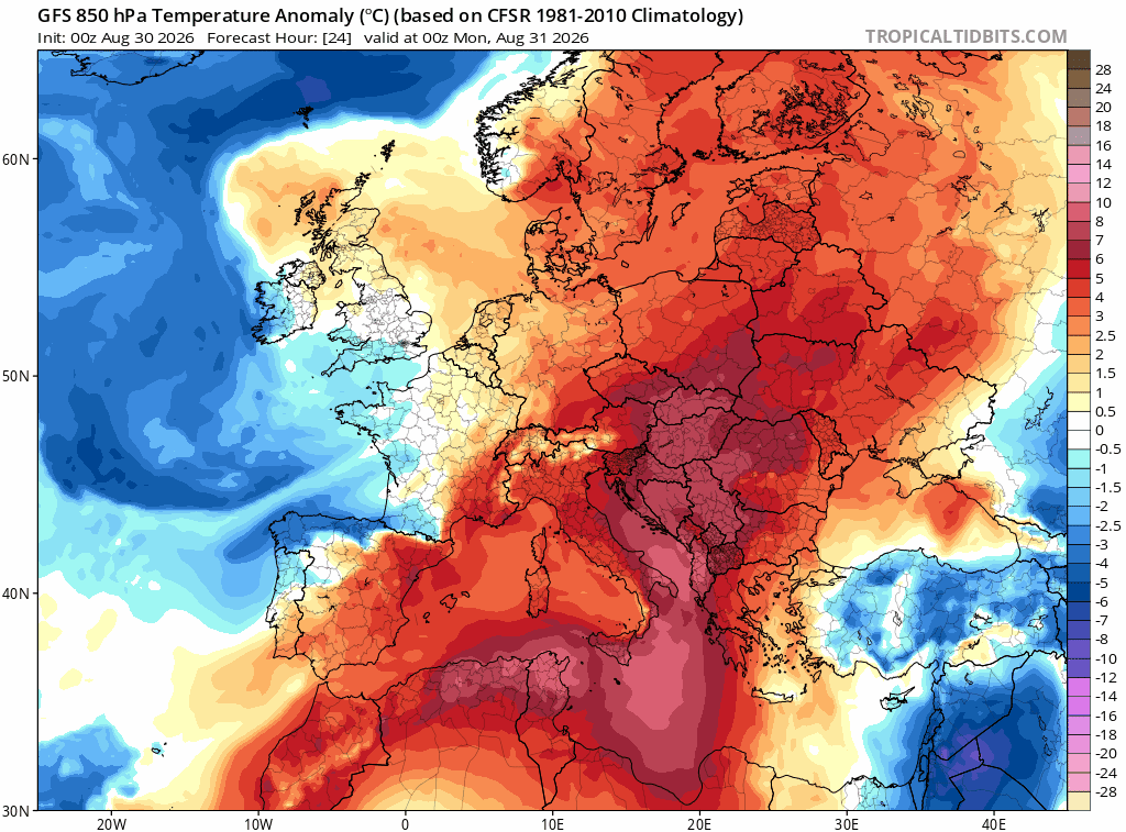 Evolución de las anomalías térmicas durante los próximos 7 dias, con calor en aumento.