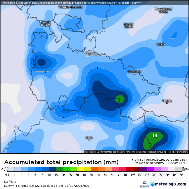 Precipitación acumulada prevista en La Rioja hasta el 6 de septiembre de 2026, con posibles tormentas irregulares durante el fin de semana