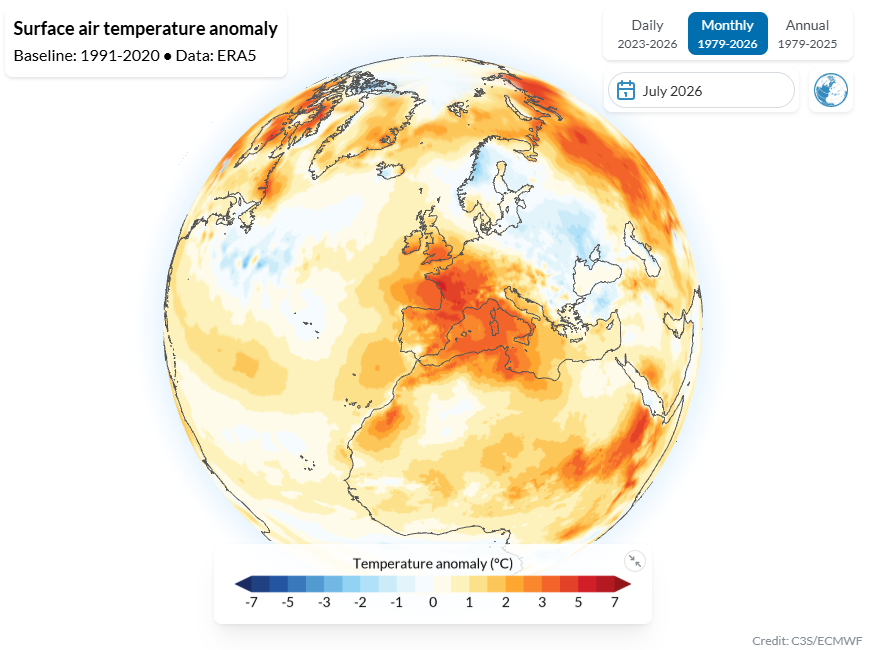 Anomalía de temperatura del aire en Europa en julio de 2026. Copernicus, climate pulse.