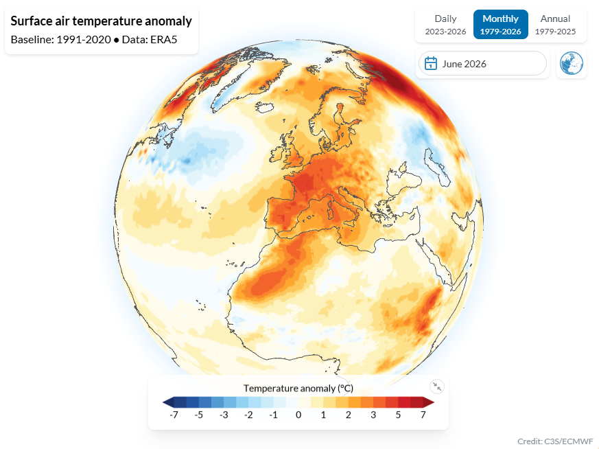 Anomalía de temperatura del aire en Europa en junio de 2026. Copernicus, climate pulse.