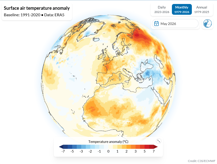 Anomalía de temperatura del aire en Europa en mayo de 2026. Copernicus, climate pulse.