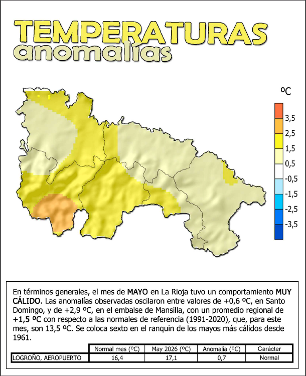 Mapa de anomalías térmicas de La Rioja en mayo de 2026. AEMET.