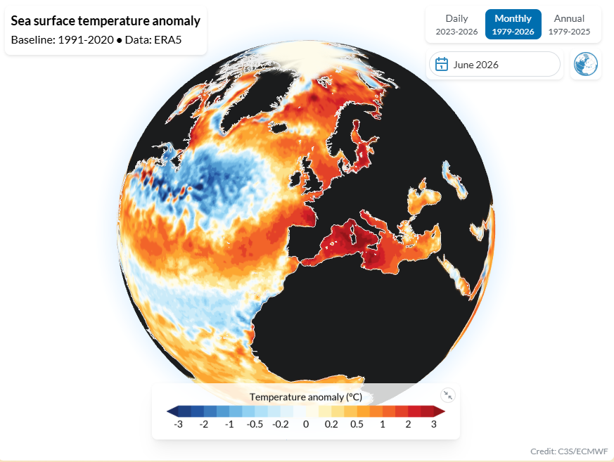 Anomalía de temperatura superficial del mar en junio de 2026. Copernicus, climate pulse.