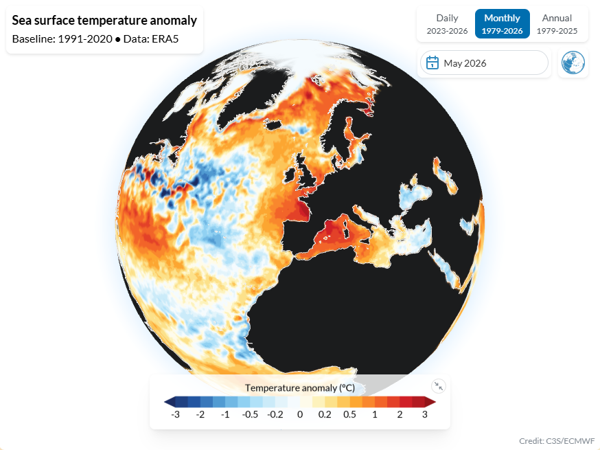 Anomalía de temperatura superficial del mar en mayo de 2026. Copernicus, climate pulse.