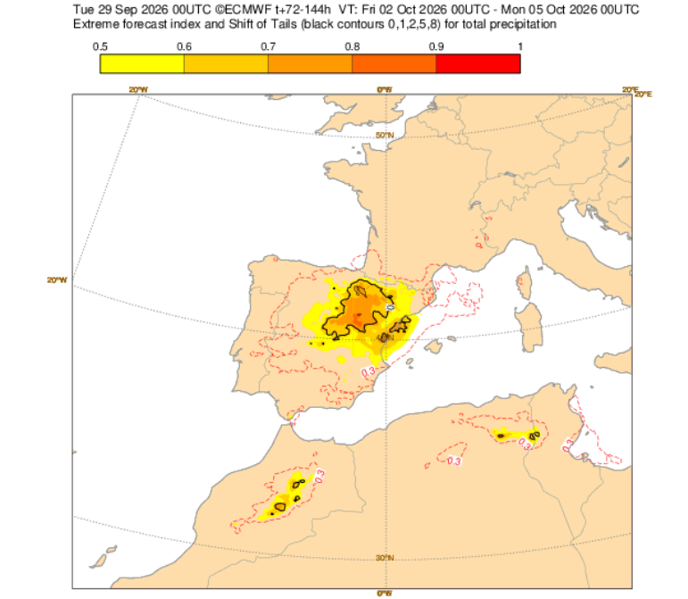 Índice EFI de precipitación del ECMWF previsto entre el 2 y el 4 de octubre de 2026
