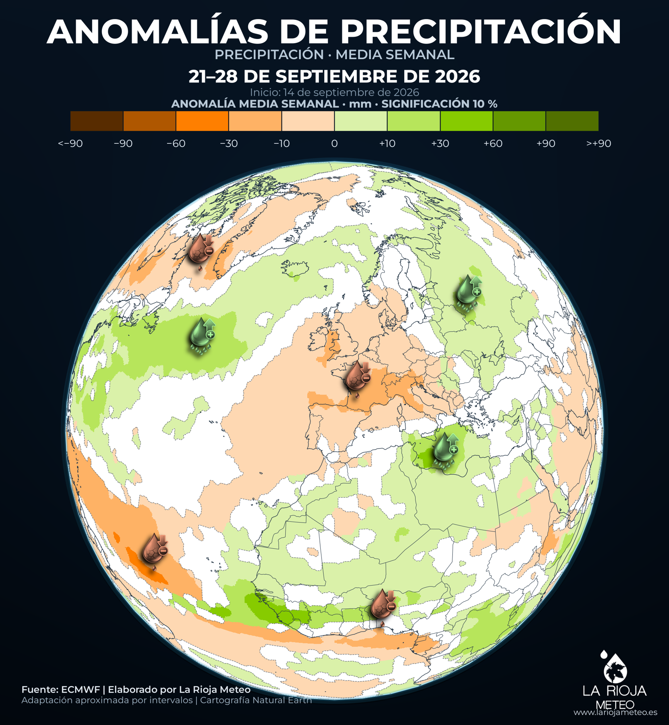 Anomalías de precipitación previstas en España del 21 al 28 de septiembre de 2026