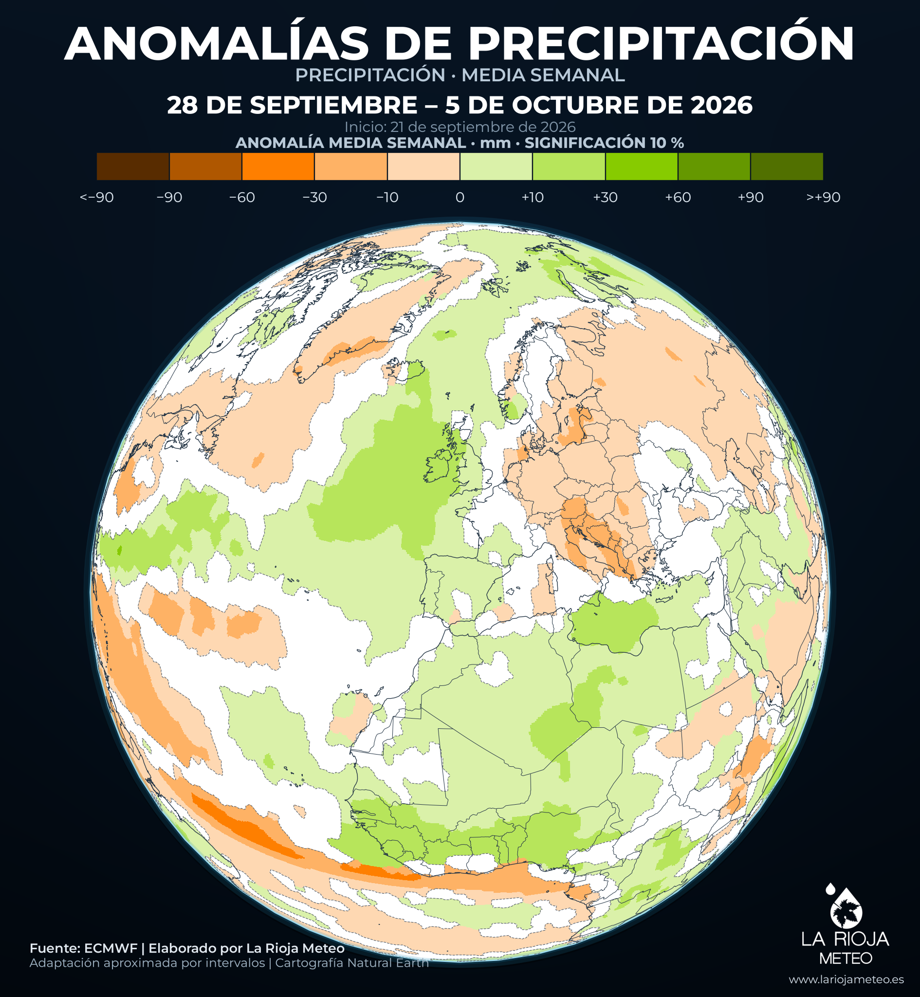 Anomalía semanal de precipitación prevista en España del 28 de septiembre al 5 de octubre de 2026