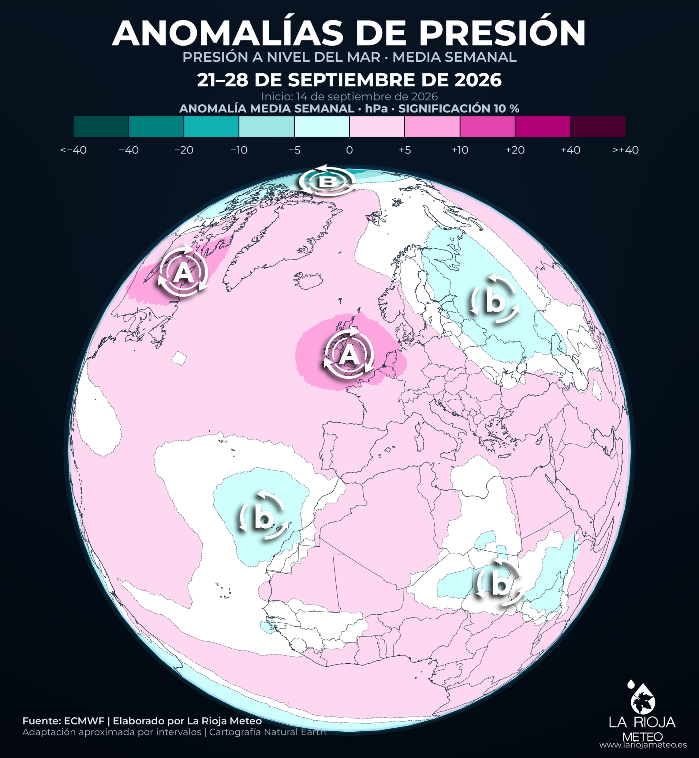 Anomalías de presión previstas sobre España y Europa del 21 al 28 de septiembre de 2026
