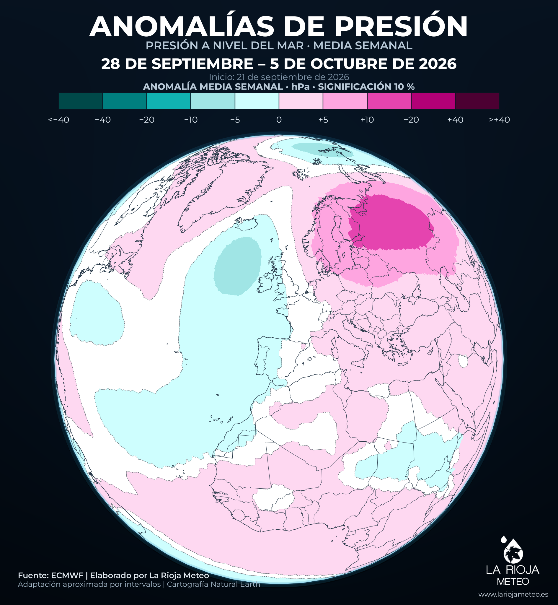 Anomalía media de presión prevista por el ECMWF entre el 28 de septiembre y el 5 de octubre de 2026