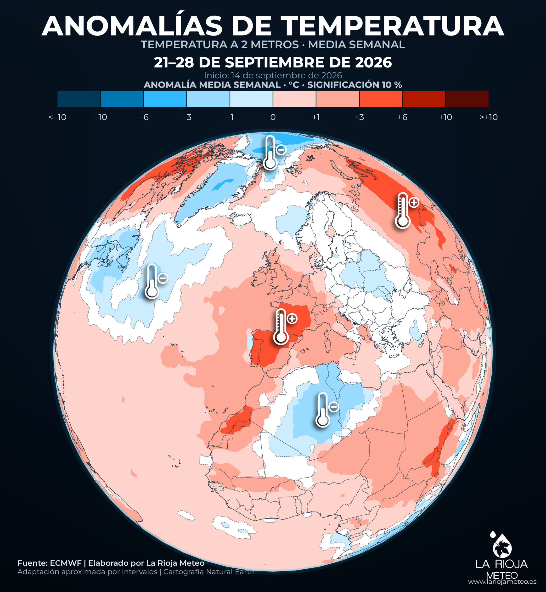 Anomalías de temperatura previstas en España del 21 al 28 de septiembre de 2026