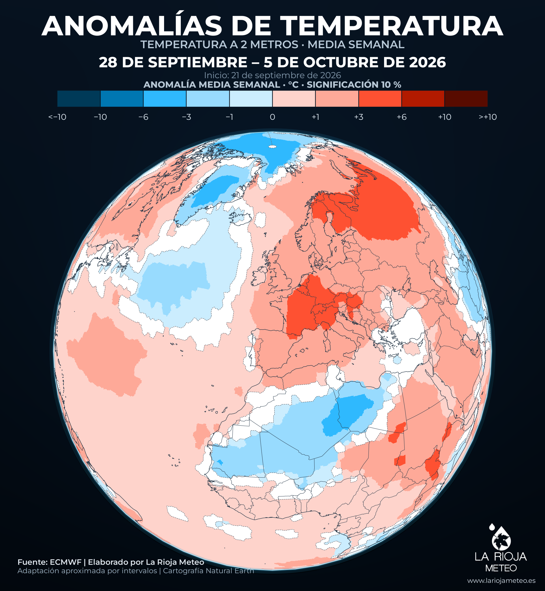 Anomalía semanal de temperatura prevista en España del 28 de septiembre al 5 de octubre de 2026