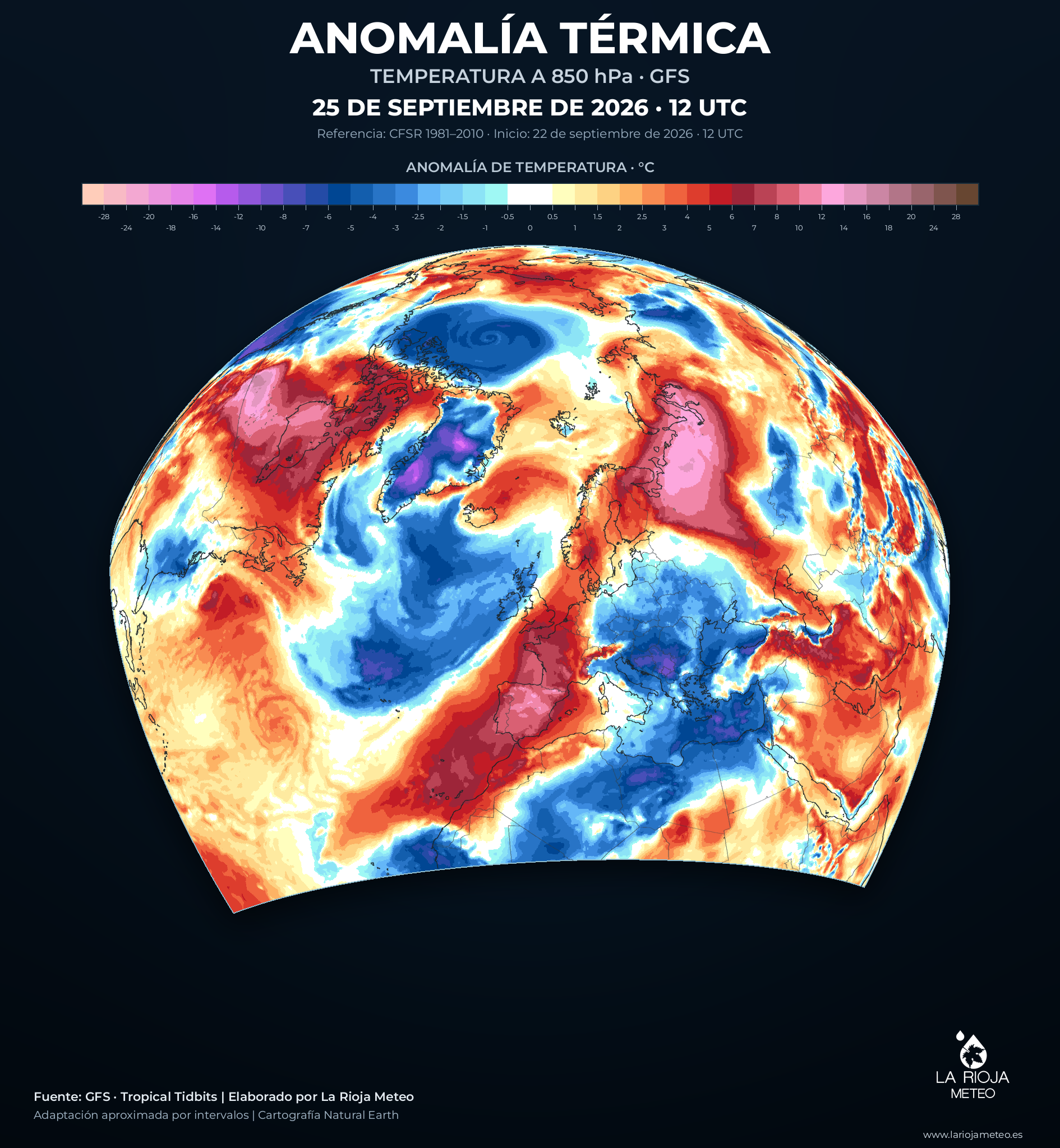 Anomalía térmica a 850 hPa prevista por el GFS para el 25 de septiembre de 2026