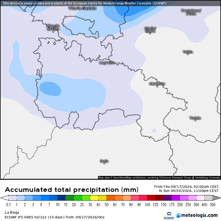 Precipitación acumulada prevista en La Rioja entre el 18 y el 20 de septiembre de 2026