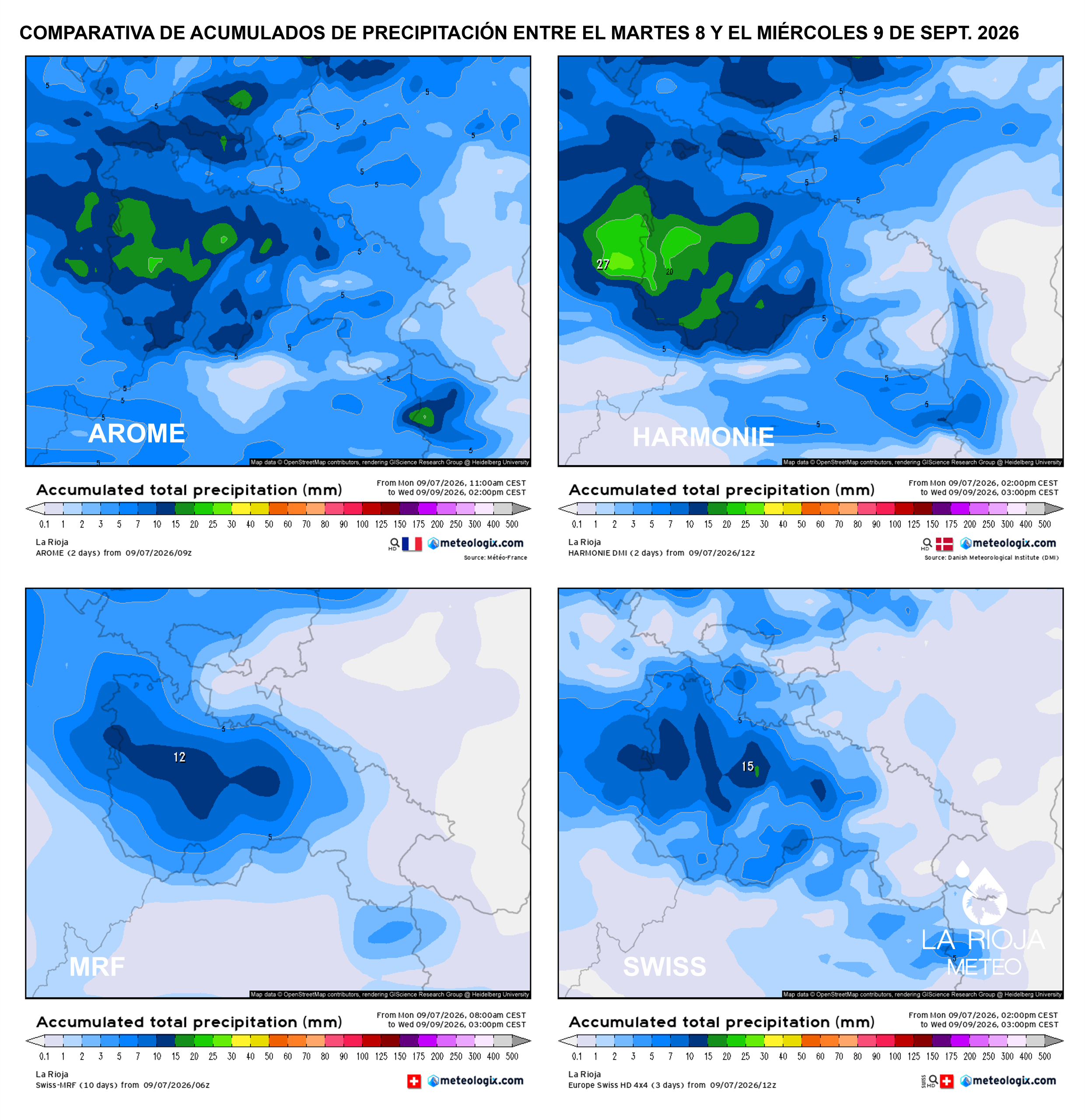Precipitación acumulada prevista en La Rioja por AROME, HARMONIE, MRF y Swiss entre el martes y el miércoles.