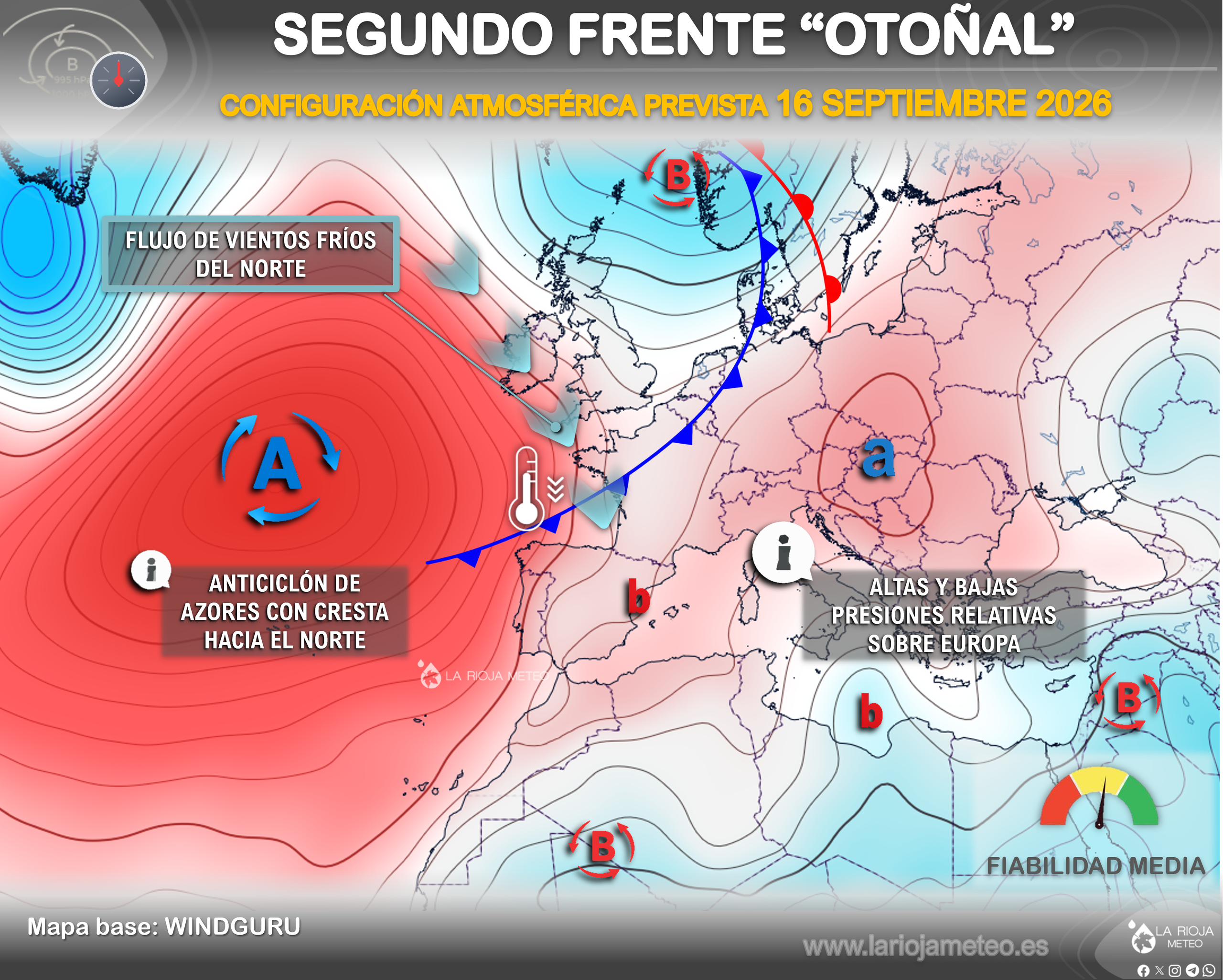 Situación atmosférica prevista para el 16 de septiembre de 2026 con reforzamiento del anticiclón de las Azores y llegada de un frente frío a La Rioja.