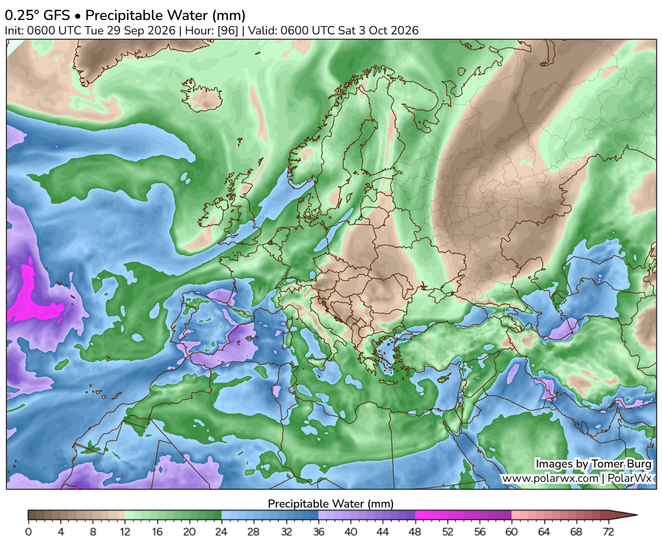 Agua precipitable prevista por el GFS para el 3 de octubre de 2026