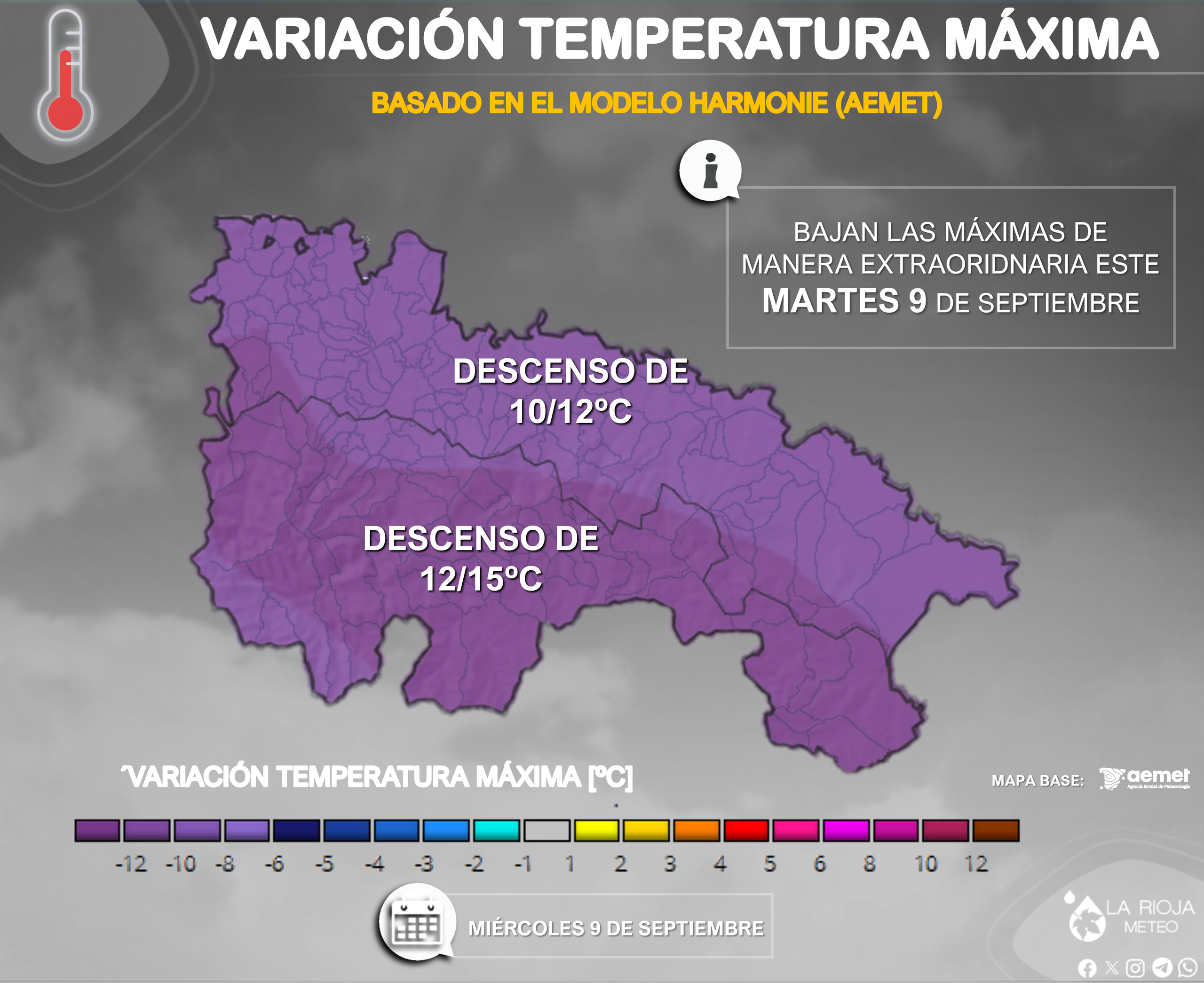 Descenso previsto de las temperaturas máximas en La Rioja durante el miércoles 9 de septiembre de 2026. AEMET.