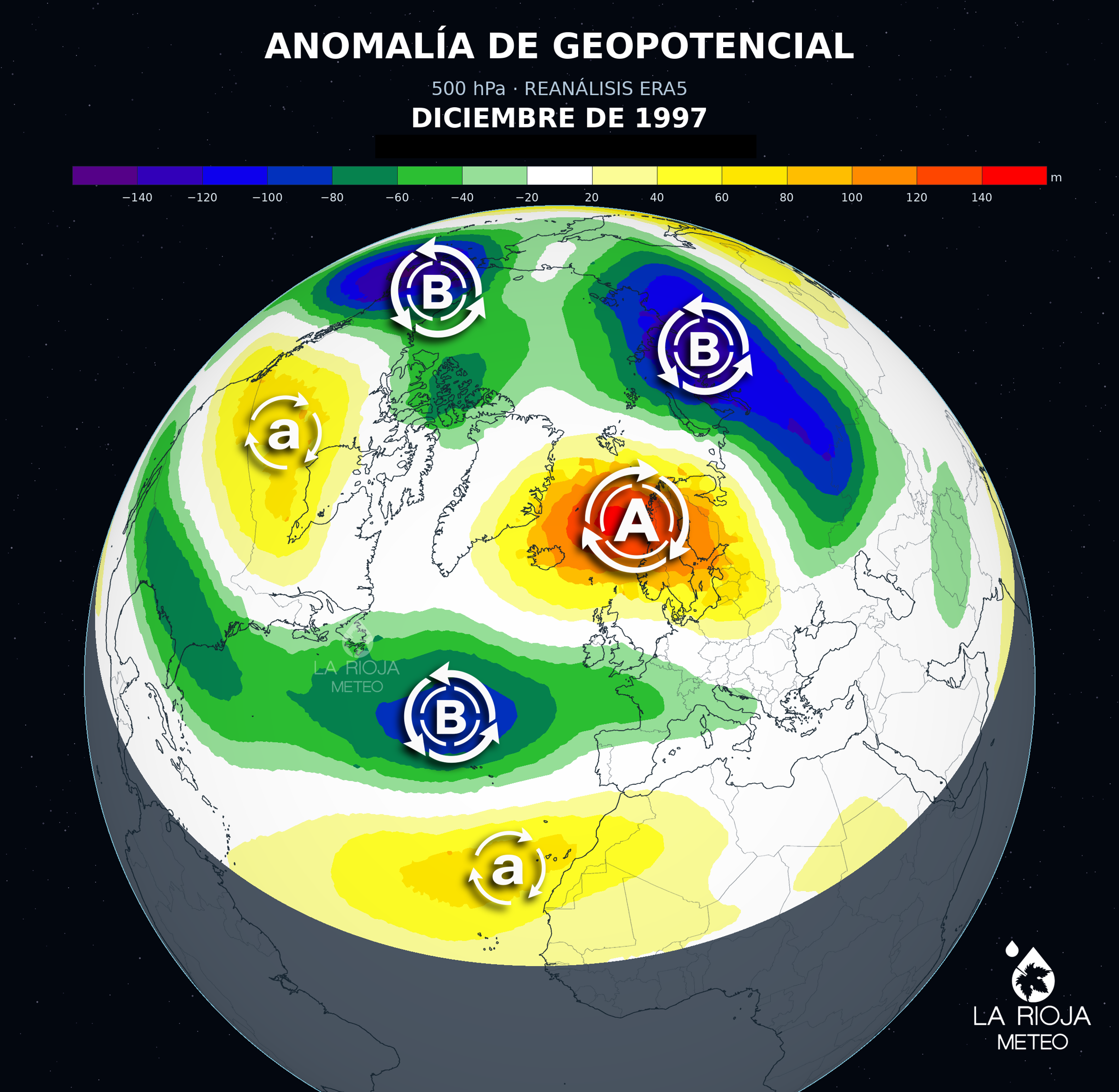 Anomalía de geopotencial en diciembre de 1997 con un patrón favorable a las lluvias en España