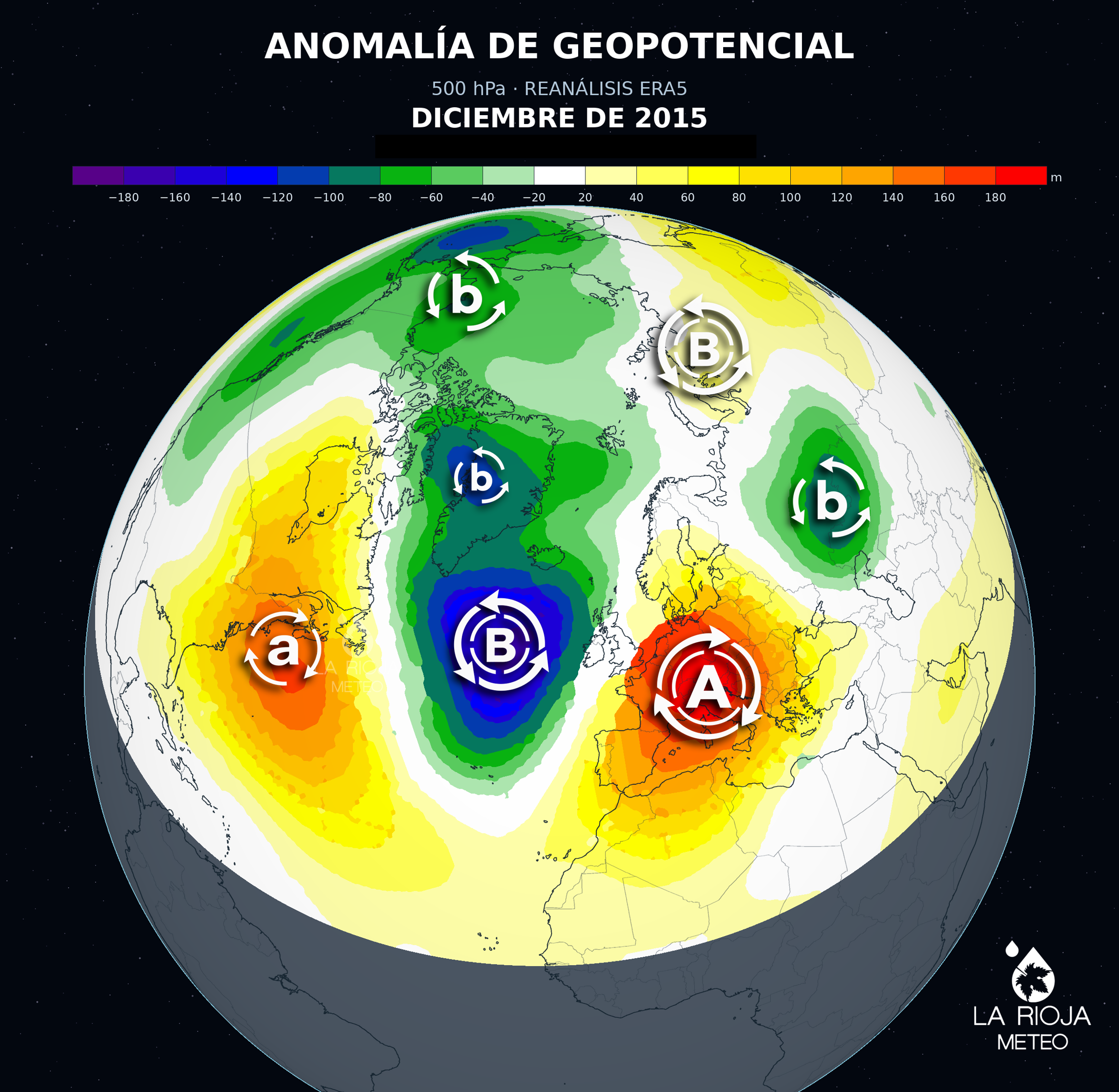 Anomalía de geopotencial en diciembre de 2015 con bloqueo anticiclónico sobre España y Europa