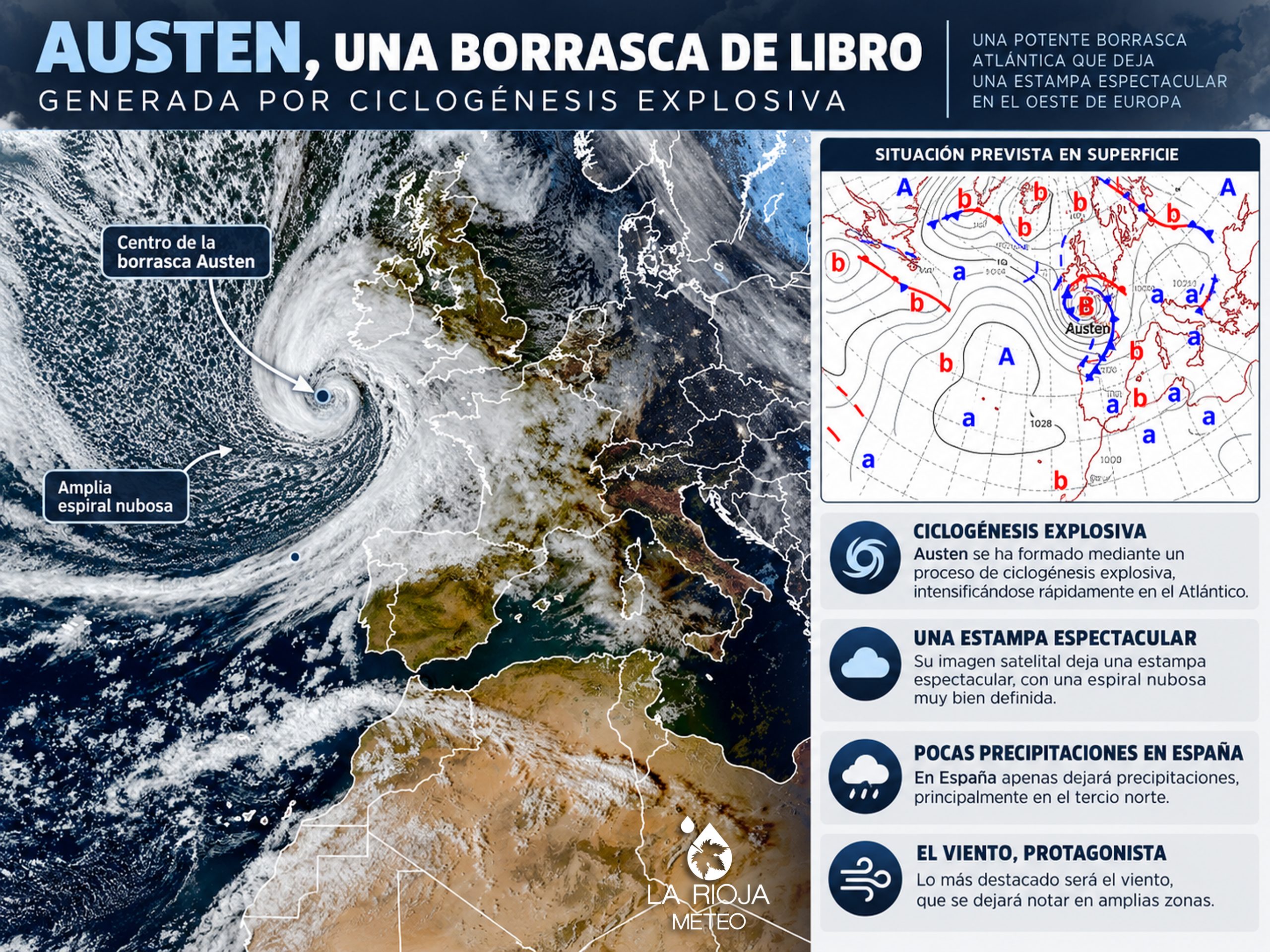 Borrasca Austen al oeste de Europa tras formarse mediante un proceso de ciclogénesis explosiva el 23 de octubre de 2026.