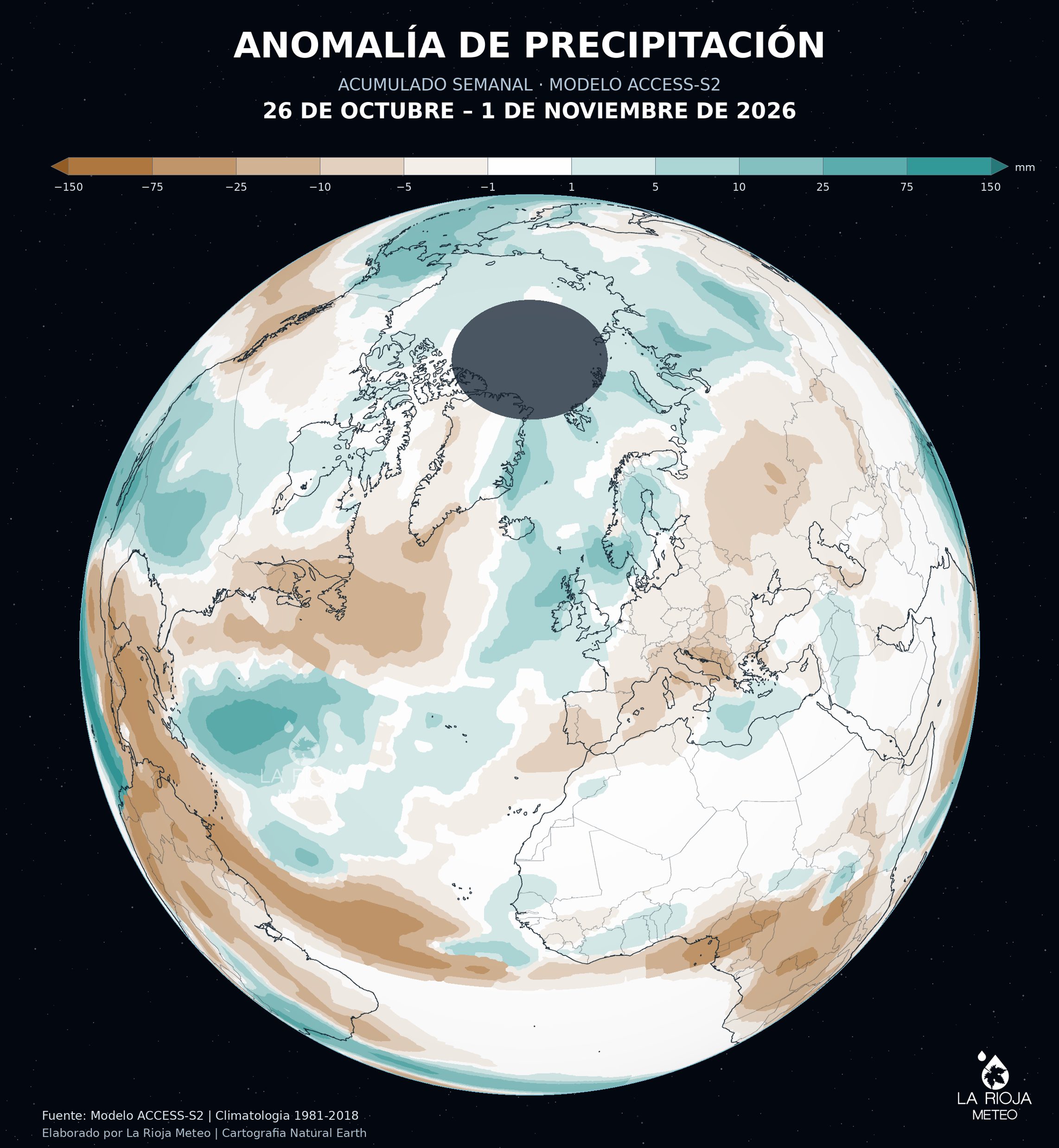 Anomalía negativa de precipitación en España del 26 de octubre al 1 de noviembre de 2026.