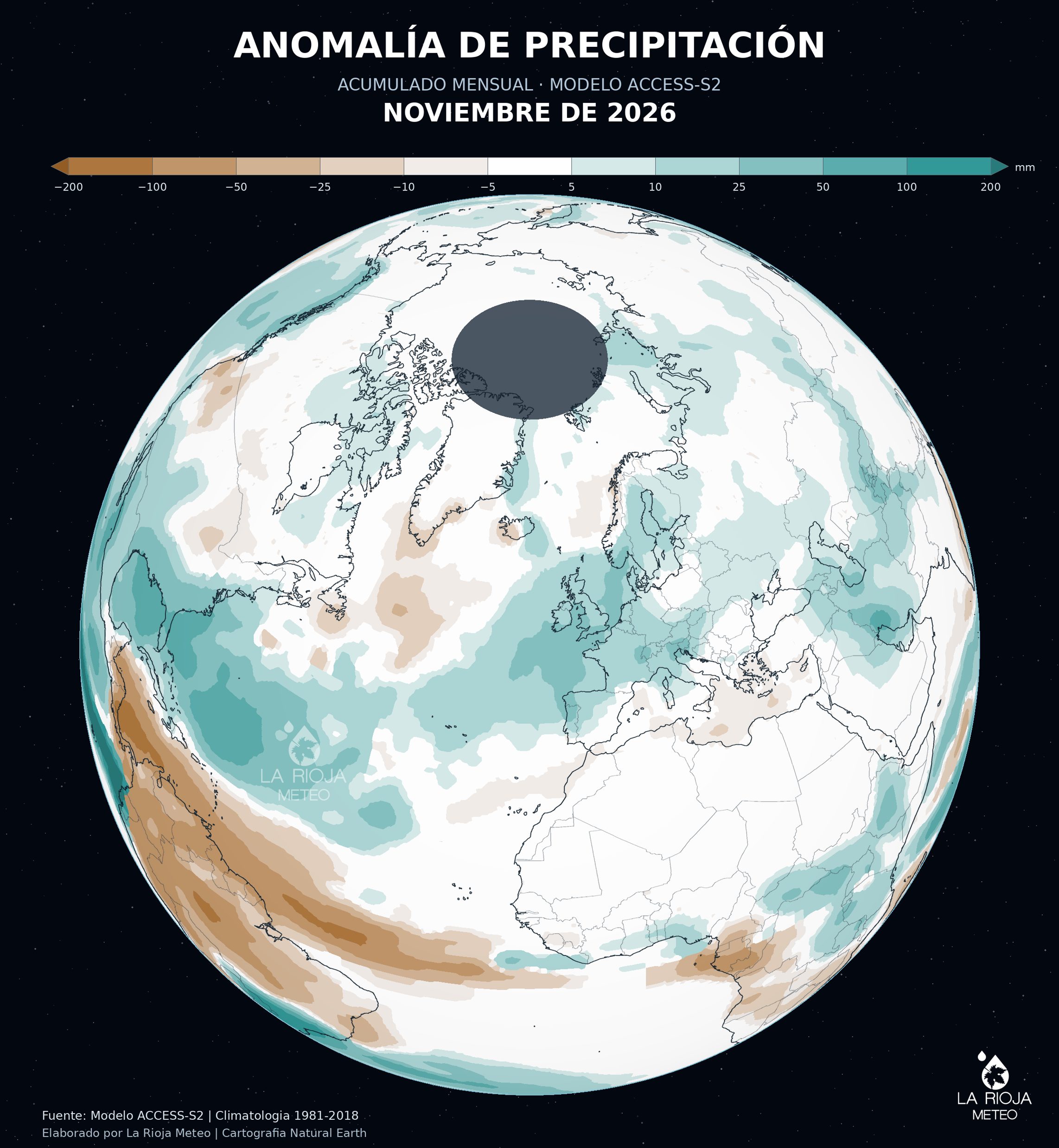 Anomalía de precipitación prevista para noviembre de 2026 en España y Europa según ACCESS-S2.