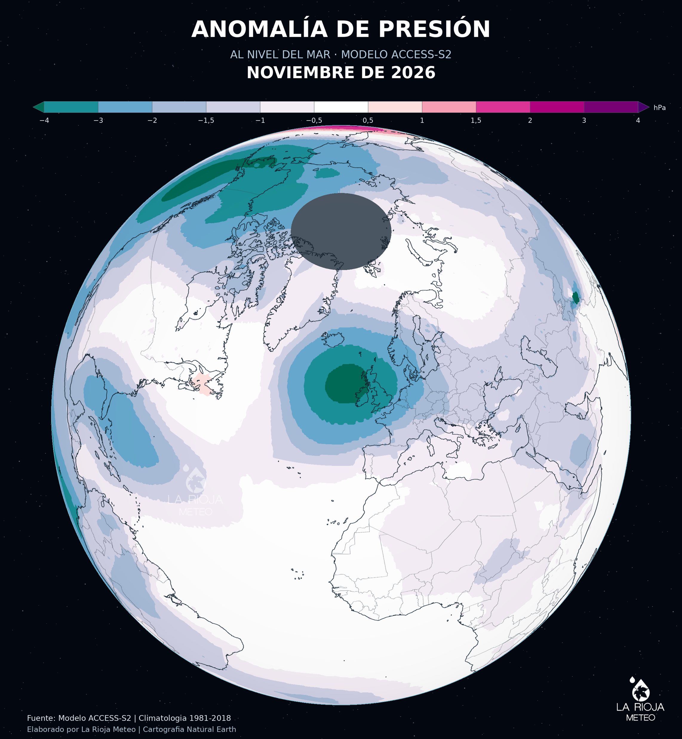 Anomalía de presión prevista para noviembre de 2026 con bajas presiones sobre el Atlántico norte y Europa occidental.