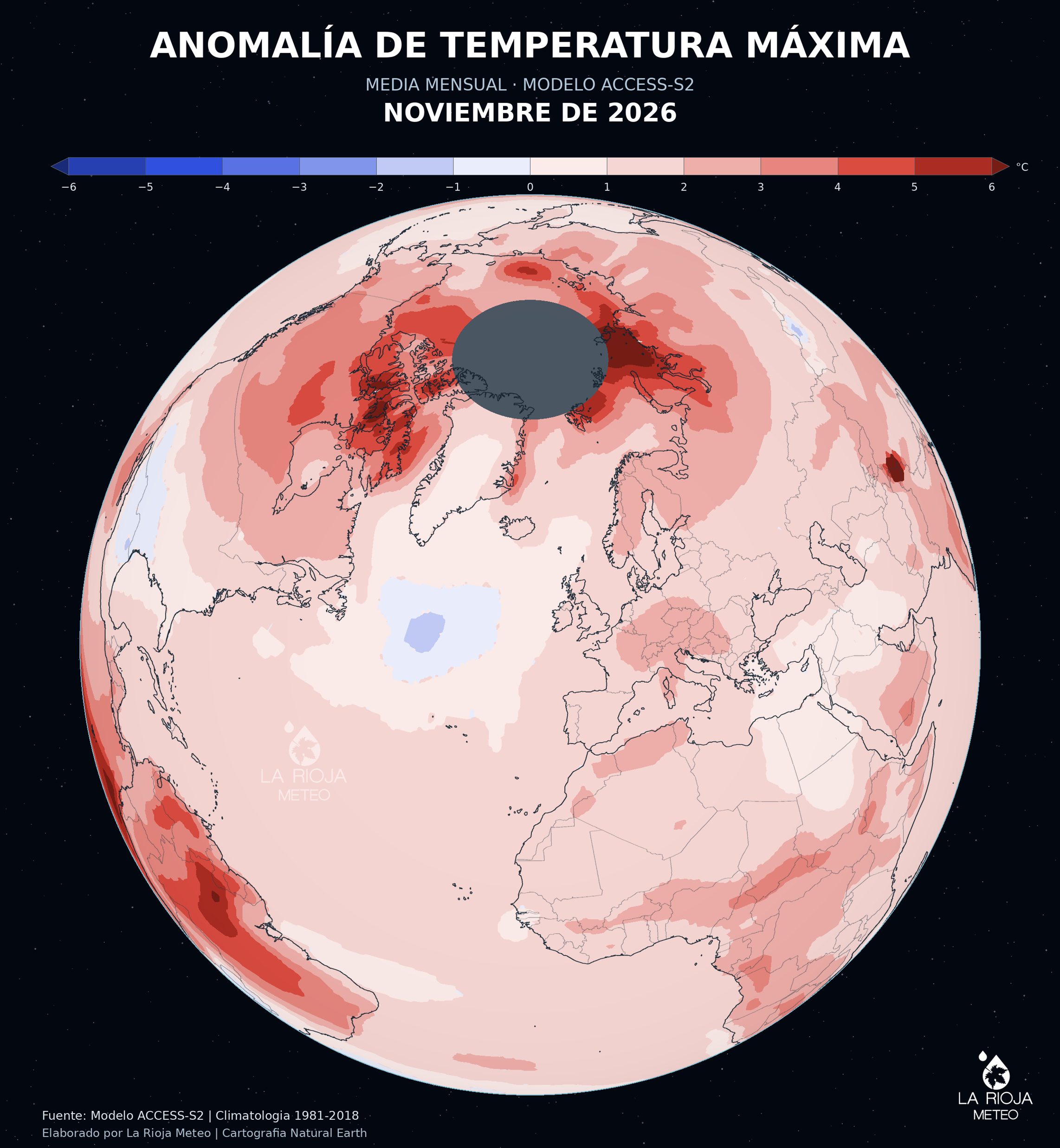 Anomalía de temperatura máxima prevista para noviembre de 2026 en España y Europa según ACCESS-S2.