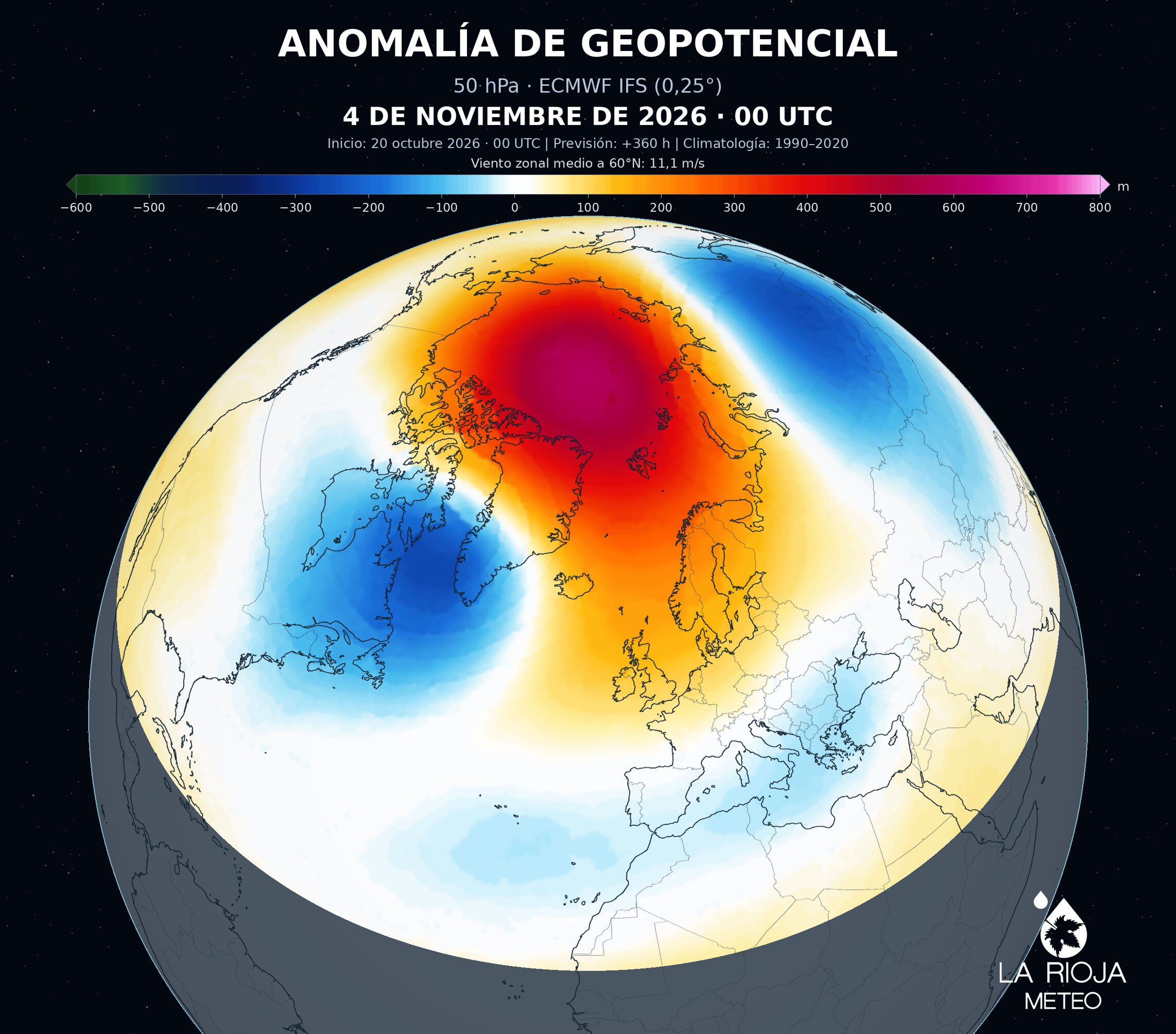 Anomalía de geopotencial a 50 hPa prevista sobre el vórtice polar