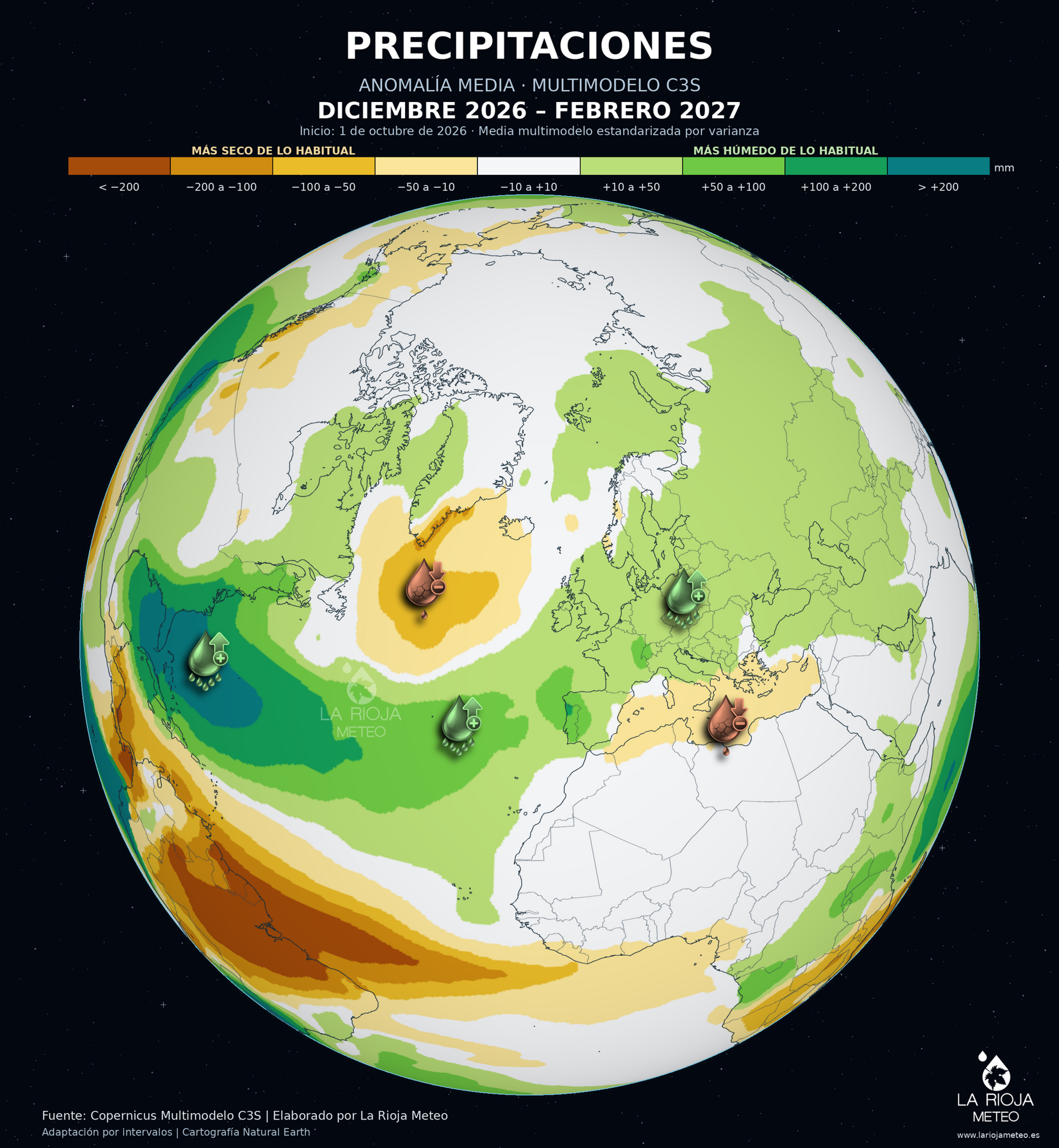 Anomalía de precipitación prevista en España y Europa durante el invierno 2026-2027.