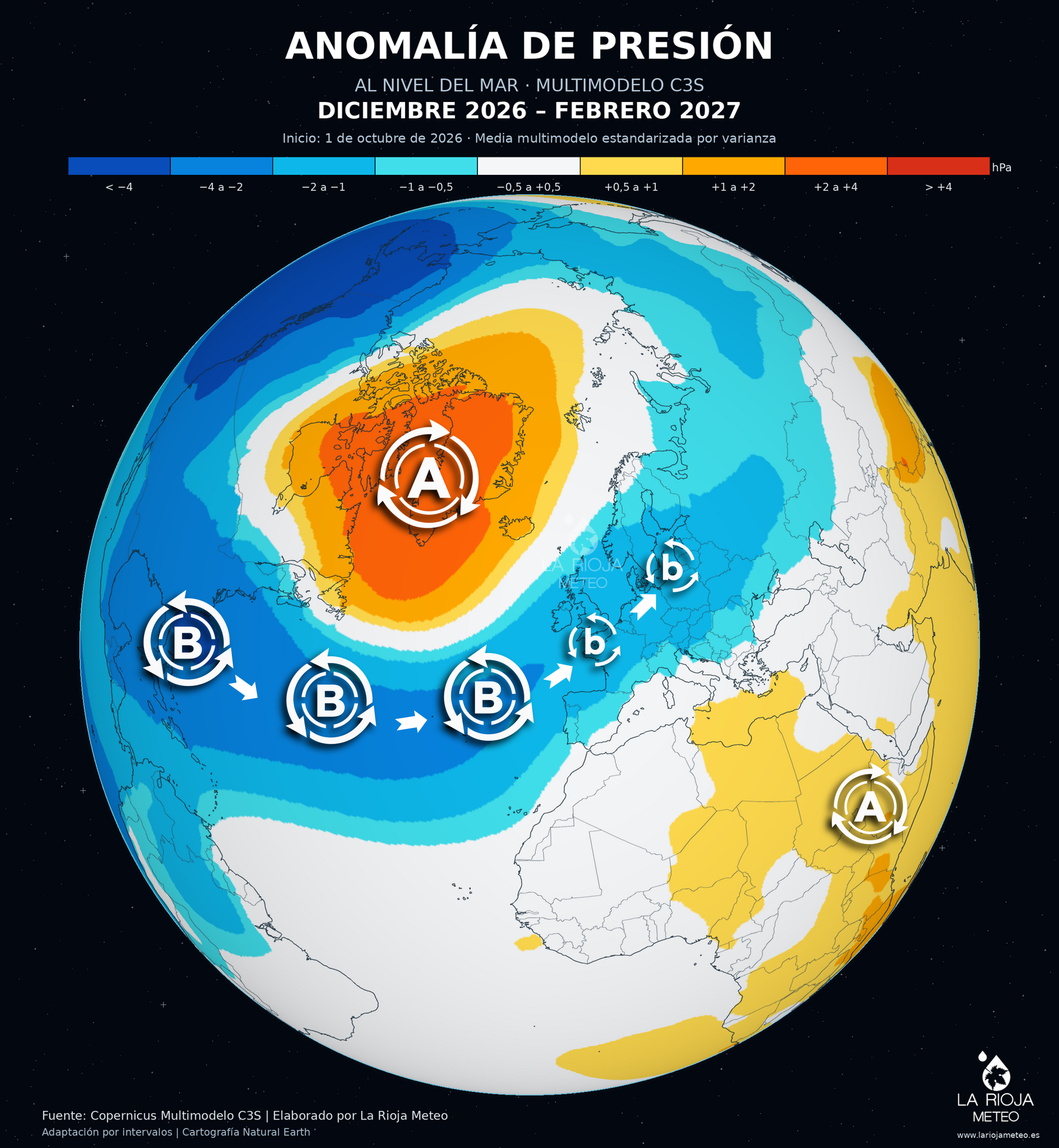 Anomalía de presión prevista para el invierno 2026-2027 con bajas presiones sobre el Atlántico y Europa.
