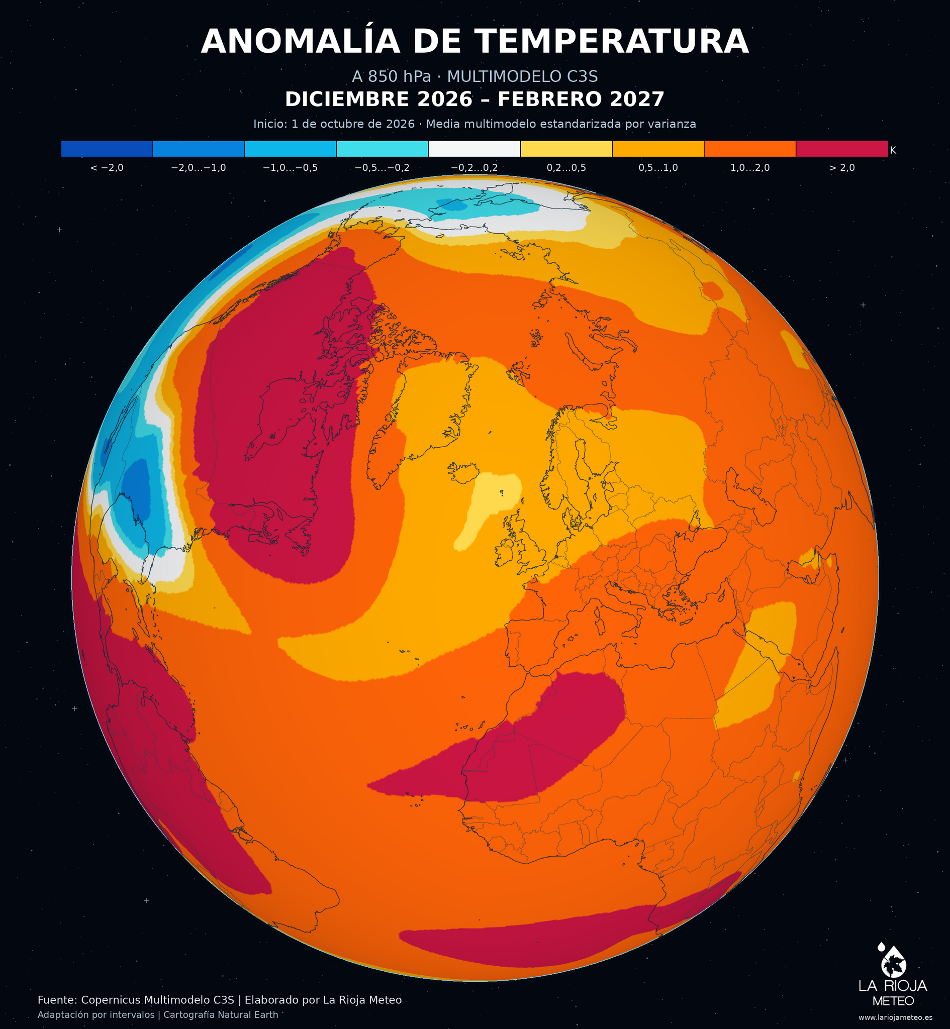 Anomalía de temperatura a 850 hPa prevista en España durante el invierno 2026-2027.
