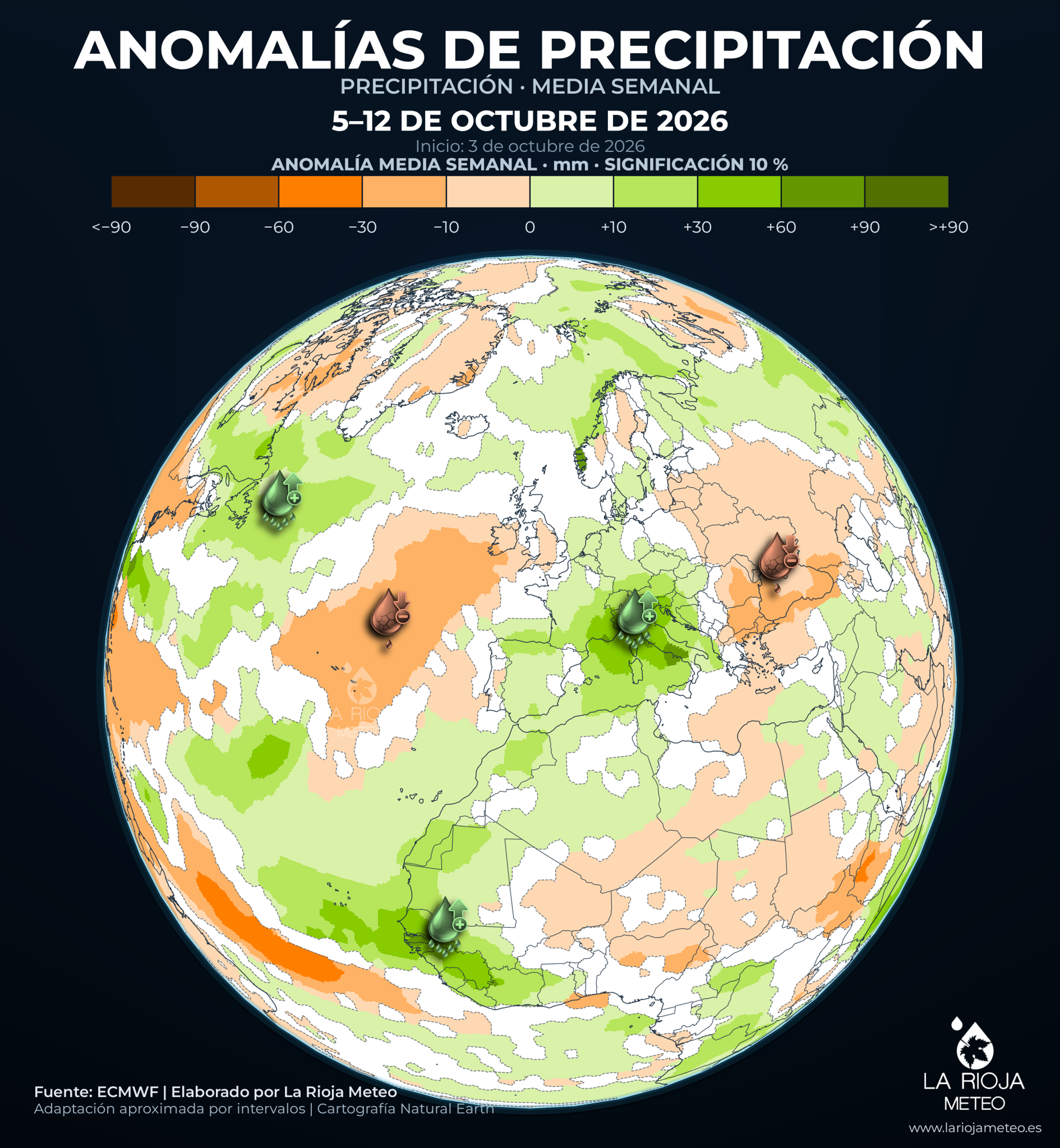 Anomalía de precipitación prevista en España del 5 al 12 de octubre de 2026
