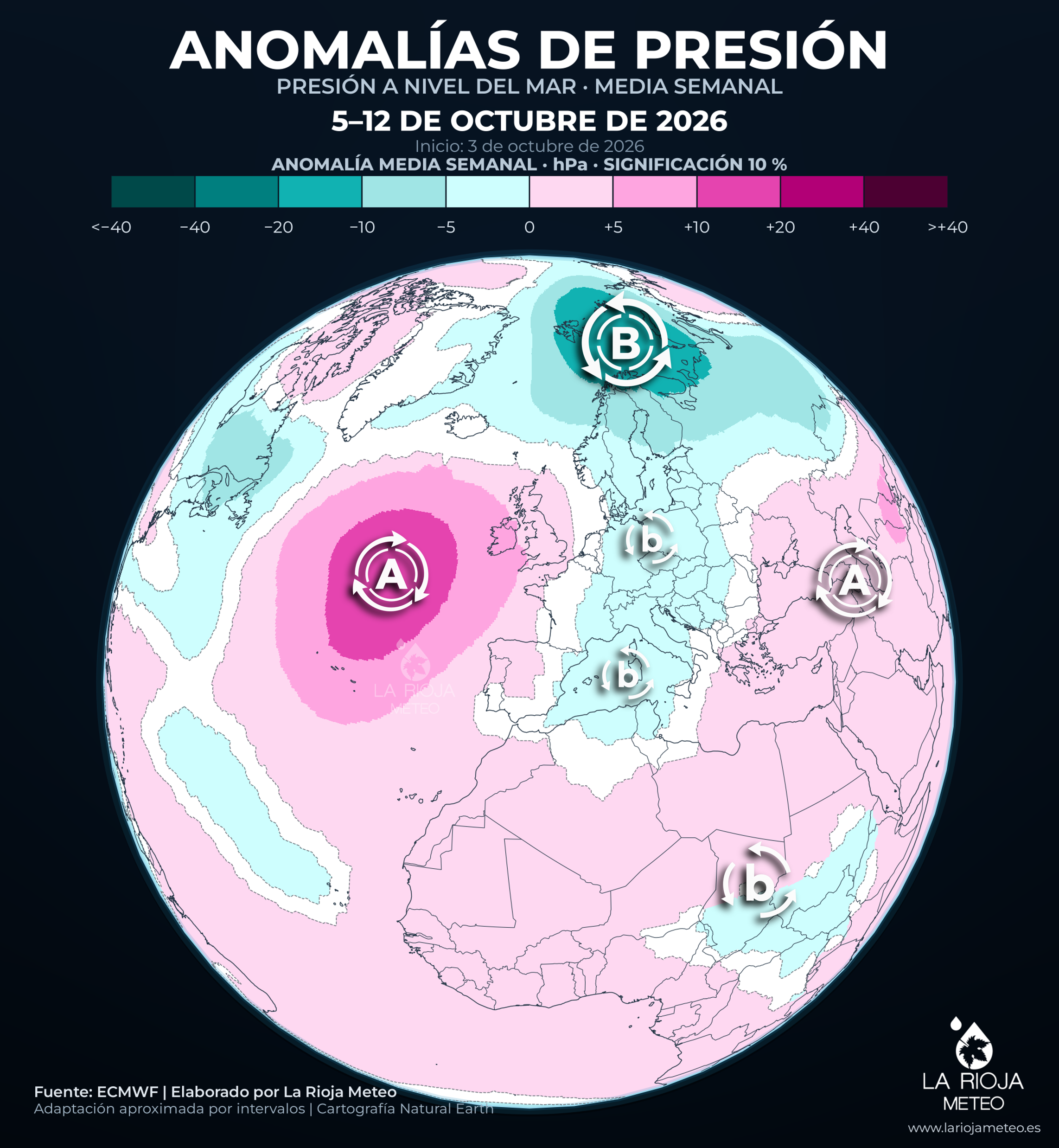 Anomalía de presión prevista en Europa y España del 5 al 12 de octubre de 2026