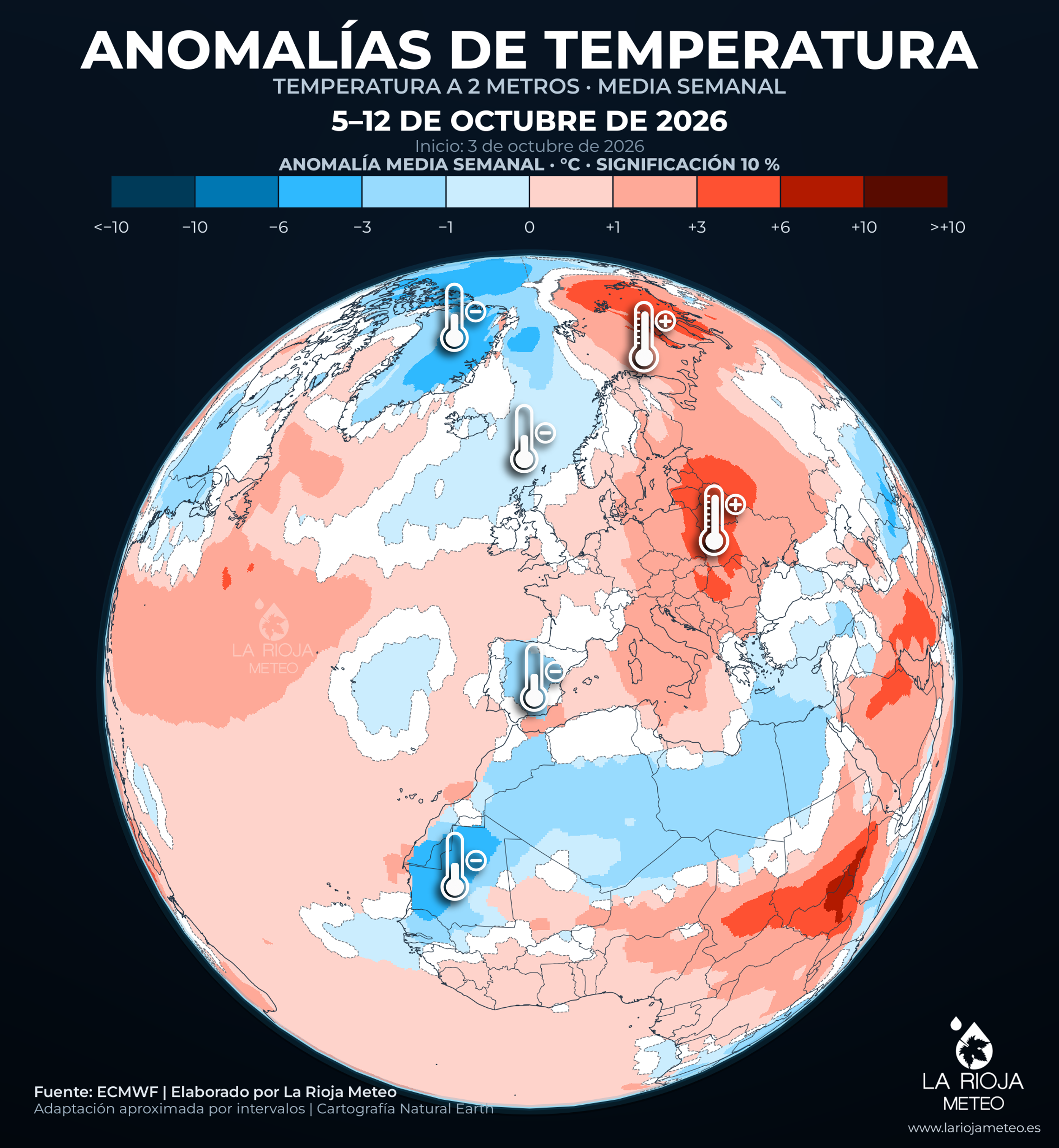 Anomalía de temperatura prevista en España del 5 al 12 de octubre de 2026
