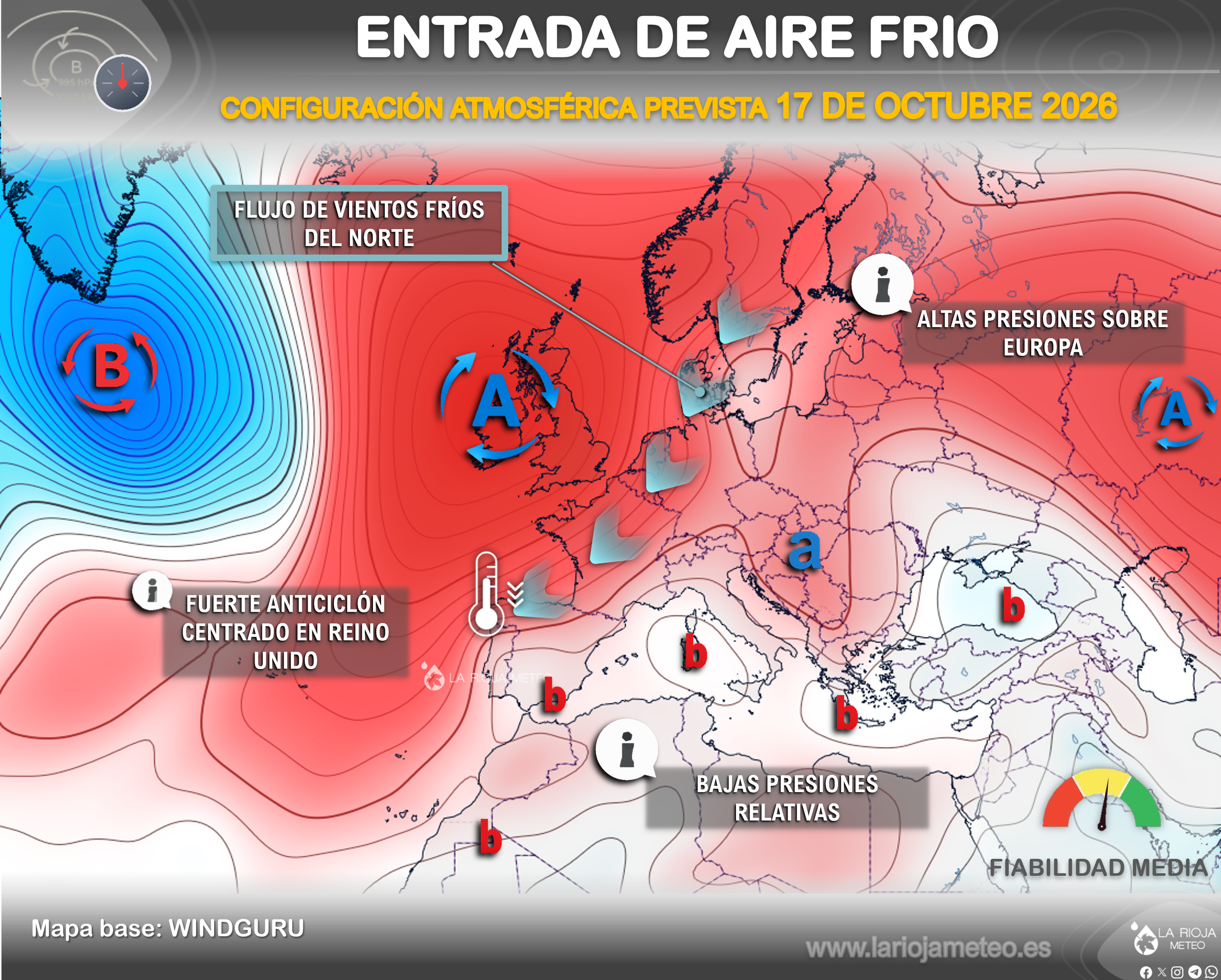 Mapa de presión previsto para el 17 de octubre de 2026 con un anticiclón sobre Reino Unido y vientos del norte hacia España.