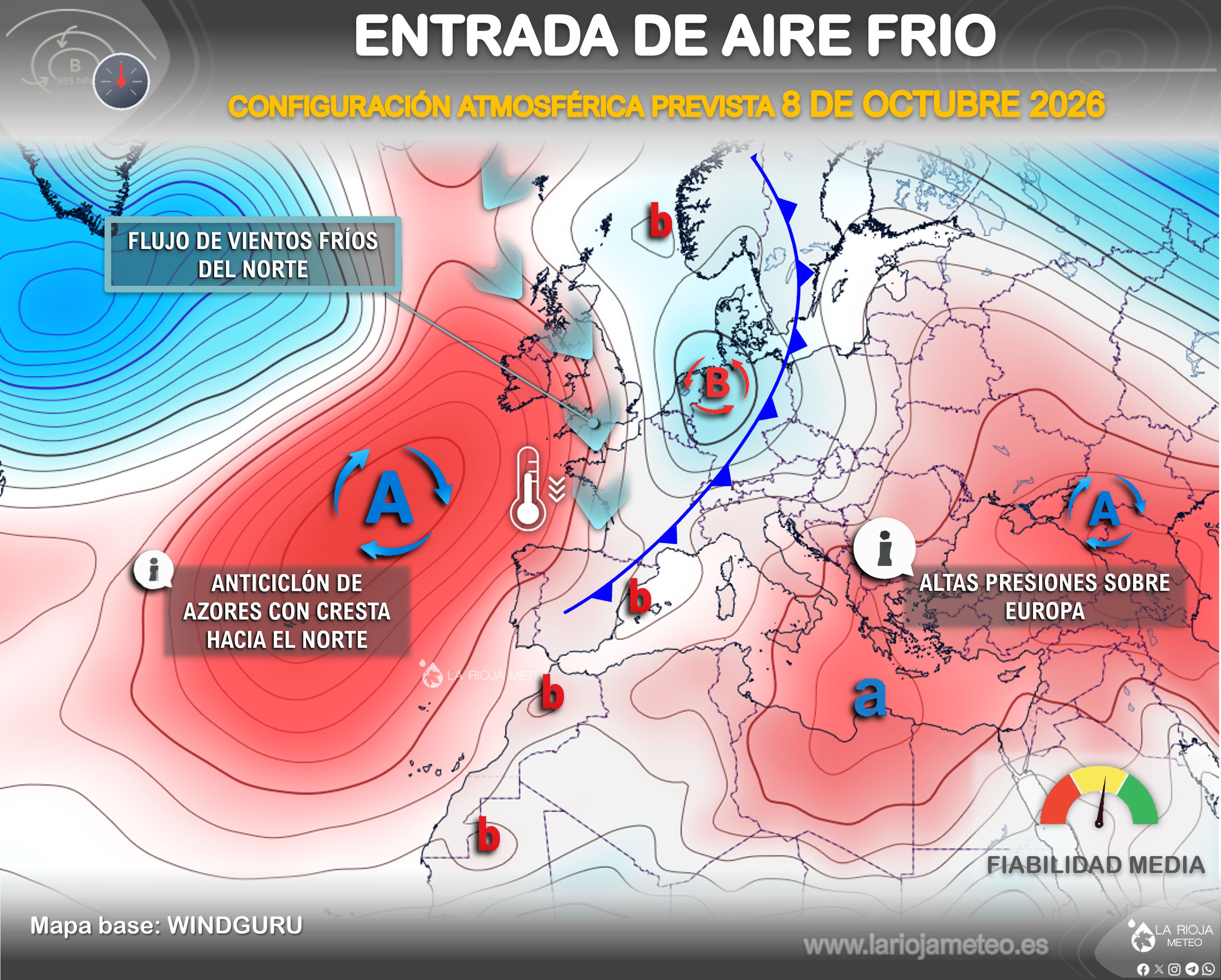 Configuración atmosférica prevista para la entrada de aire frío en España el 8 de octubre de 2026