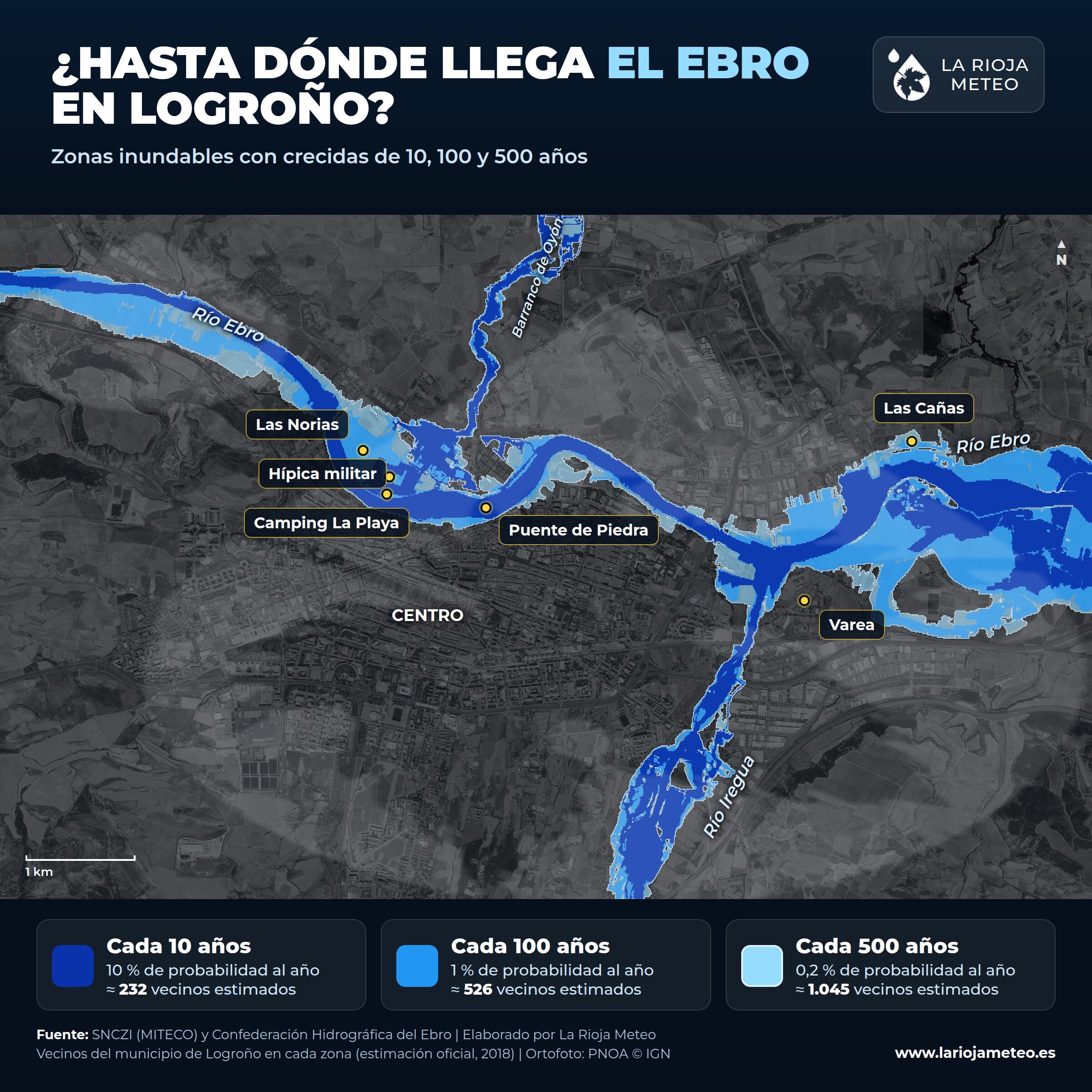 Mapa de las zonas inundables de Logroño para periodos de retorno de 10, 100 y 500 años