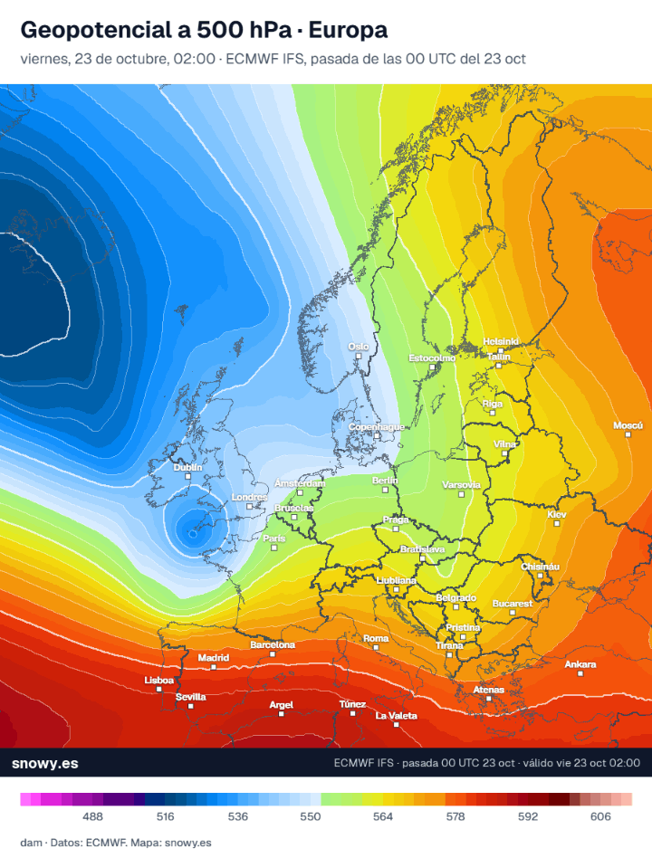 Evolución del geopotencial a 500 hPa sobre Europa entre el 23 y el 28 de octubre de 2026 con la borrasca Austen y la dorsal avanzando sobre España.
