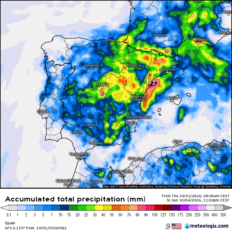 Precipitación acumulada prevista en España entre el 1 y el 4 de octubre de 2026